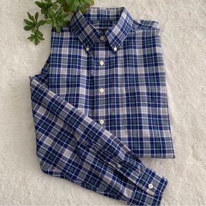 Joseph A Banks tailored fit dark blue plaid long sleeve cotton shirt.  Size L.